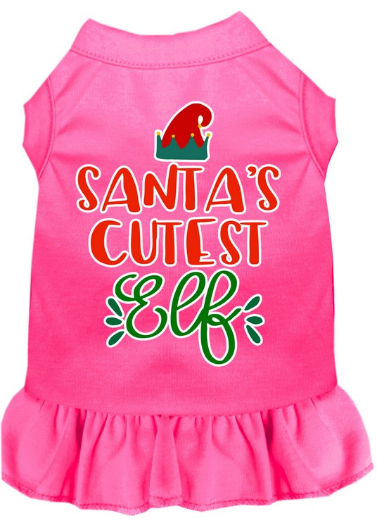 Santa's Cutest Elf Screen Print Dog Dress Bright Pink Lg